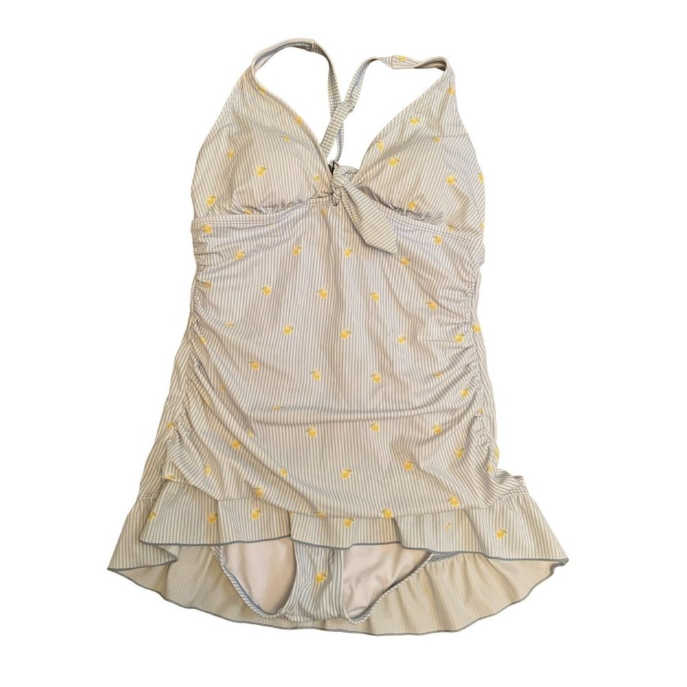 Crown & Ivy Womens 1 Piece Bathing Suit L White Blue Striped Yellow Floral Ruffl - Picture 1 of 5